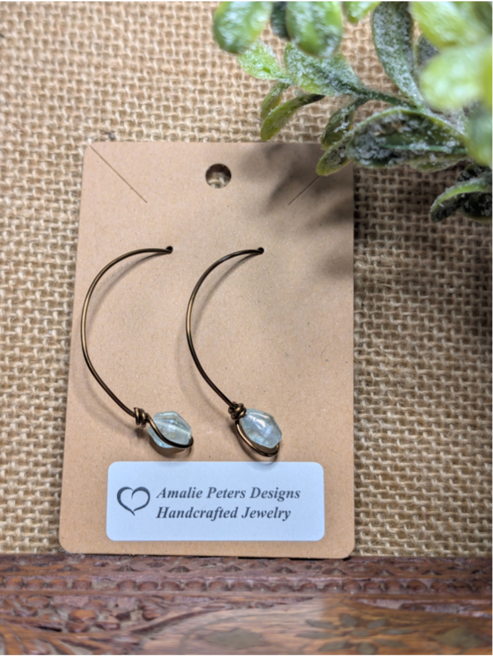 Handcrafted Boho Antiqued Brass Wrapped Wire Open Hoop Glass Bead Hook Earrings